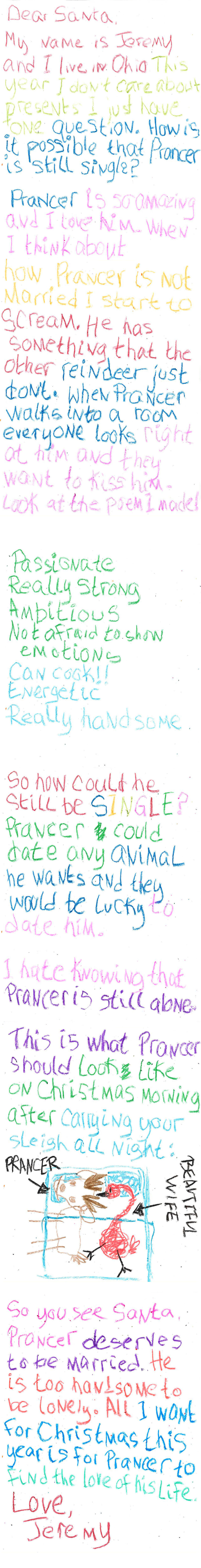 Illustration for article titled Cuteness Overload: This Little Boy Wrote An Adorable Letter To Santa Asking Him How It’s Possible That Prancer Is Still Single